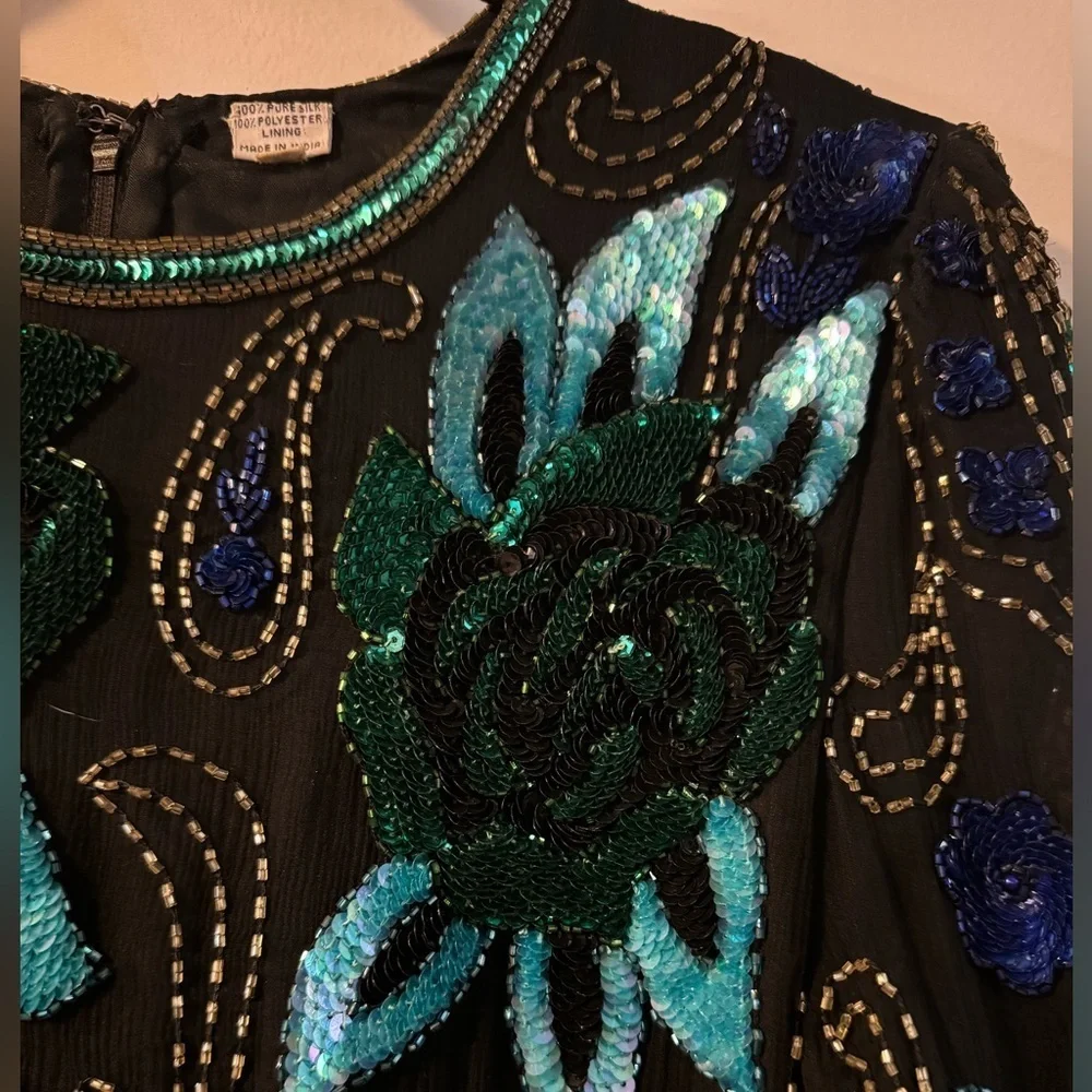 VTG Scala Beaded Silk Blouse Long Sleeve Elegant Party Sparkle Top Blue Purple - Picture 2 of 16